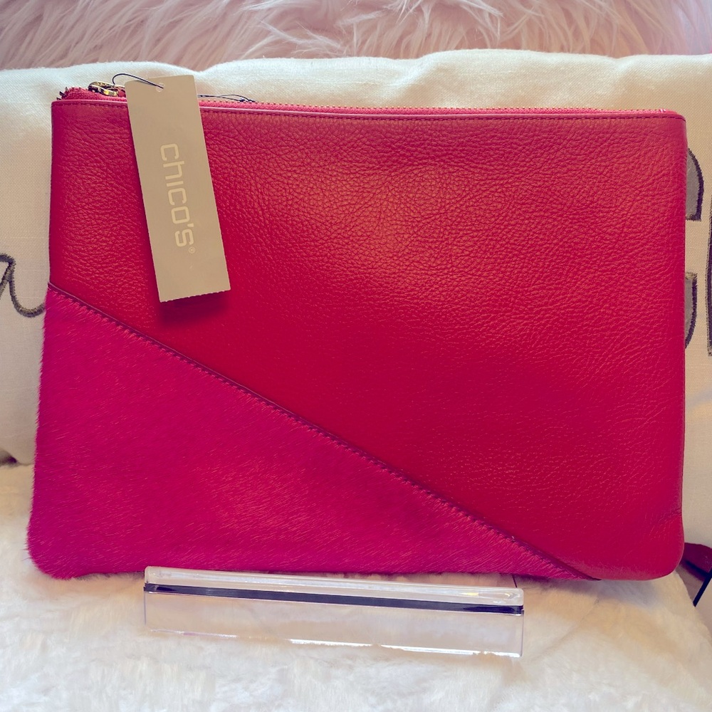 Chicos NWT pink and faux fur pouch